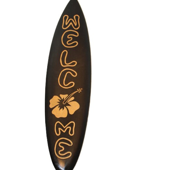 Mini Carved Hawaii Surfboard Welcome Sign Black Tan 15.75" x 3.75" x 0.25" - Picture 1 of 6